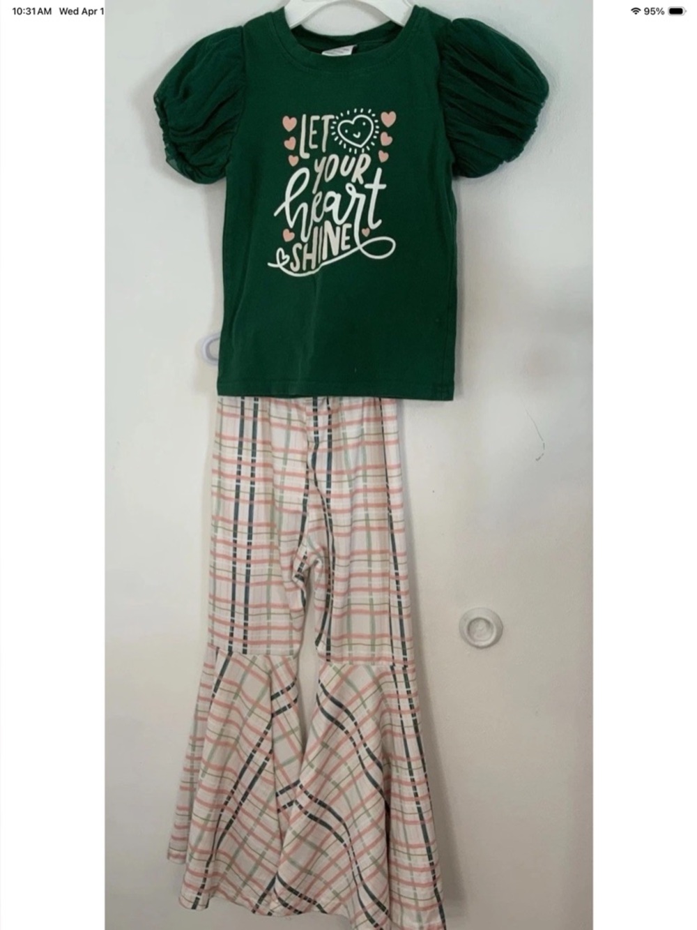 Girls Green 'Let Your Heart Shine' bell bottom Set with Pink Plaid Ruffle Pants